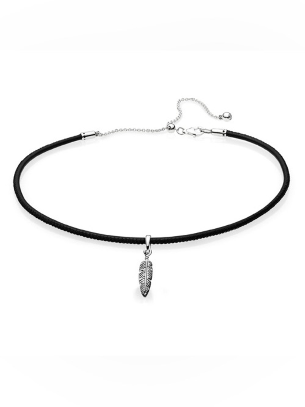 PANDORA Black Leather Choker with Sterling Silver Feather Pendant Authentic